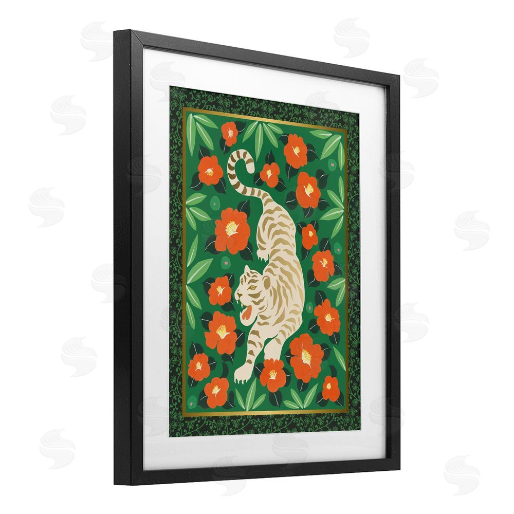 Karolina Sato Eclectic Tiger & Hibiscus Black Framed Print Under Glass Wall Art