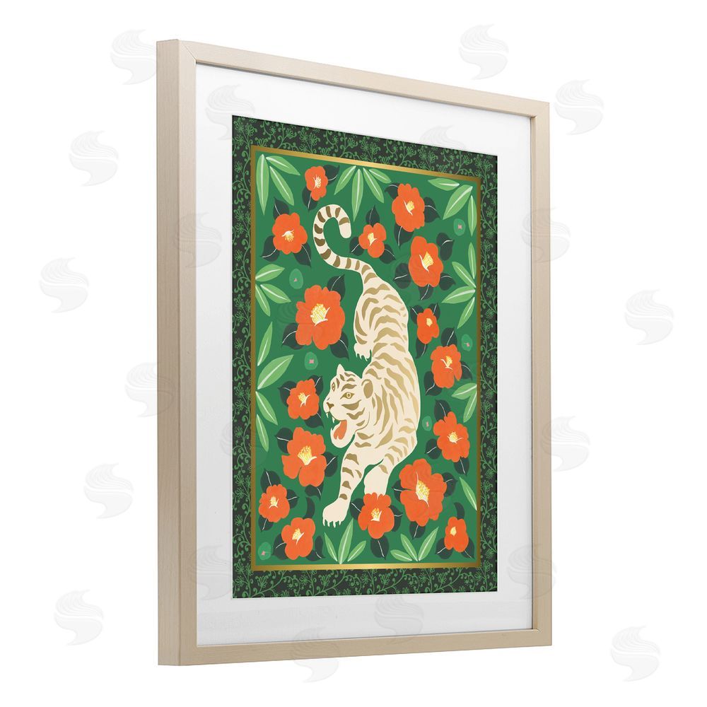 Karolina Sato Eclectic Tiger & Hibiscus Brown Framed Print Under Glass Wall Art
