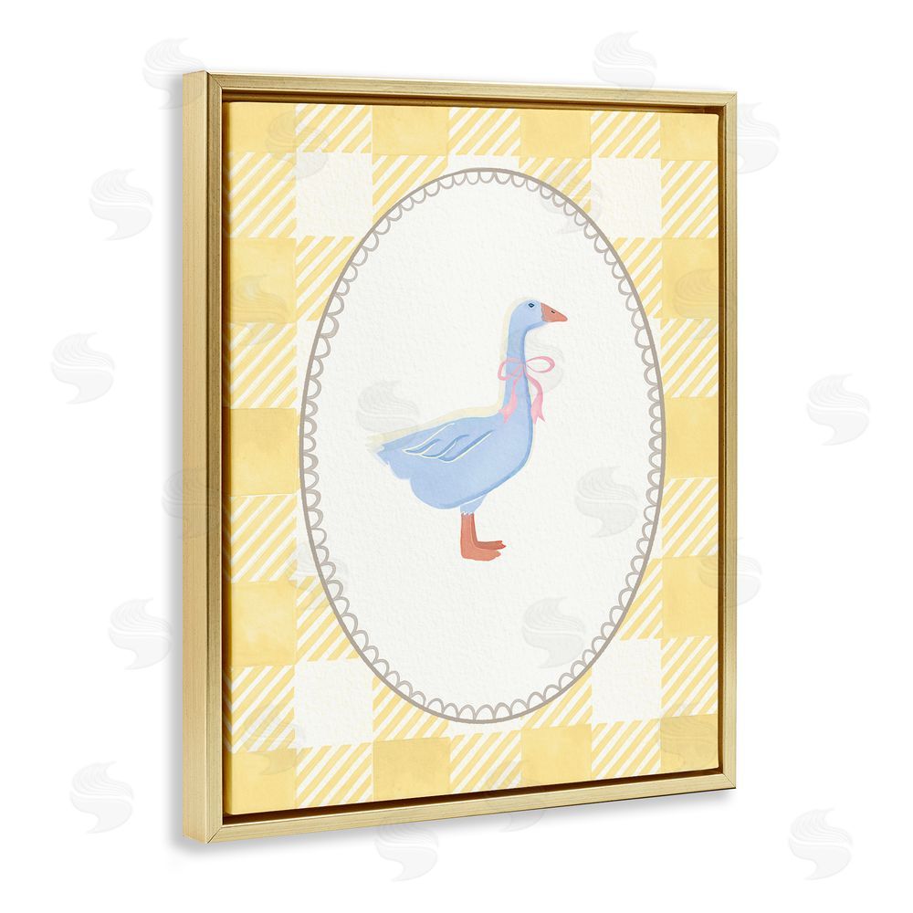 The Paper Curator Little Goose on Yellow Gingham Gold Floating Frame Canvas Wall Art