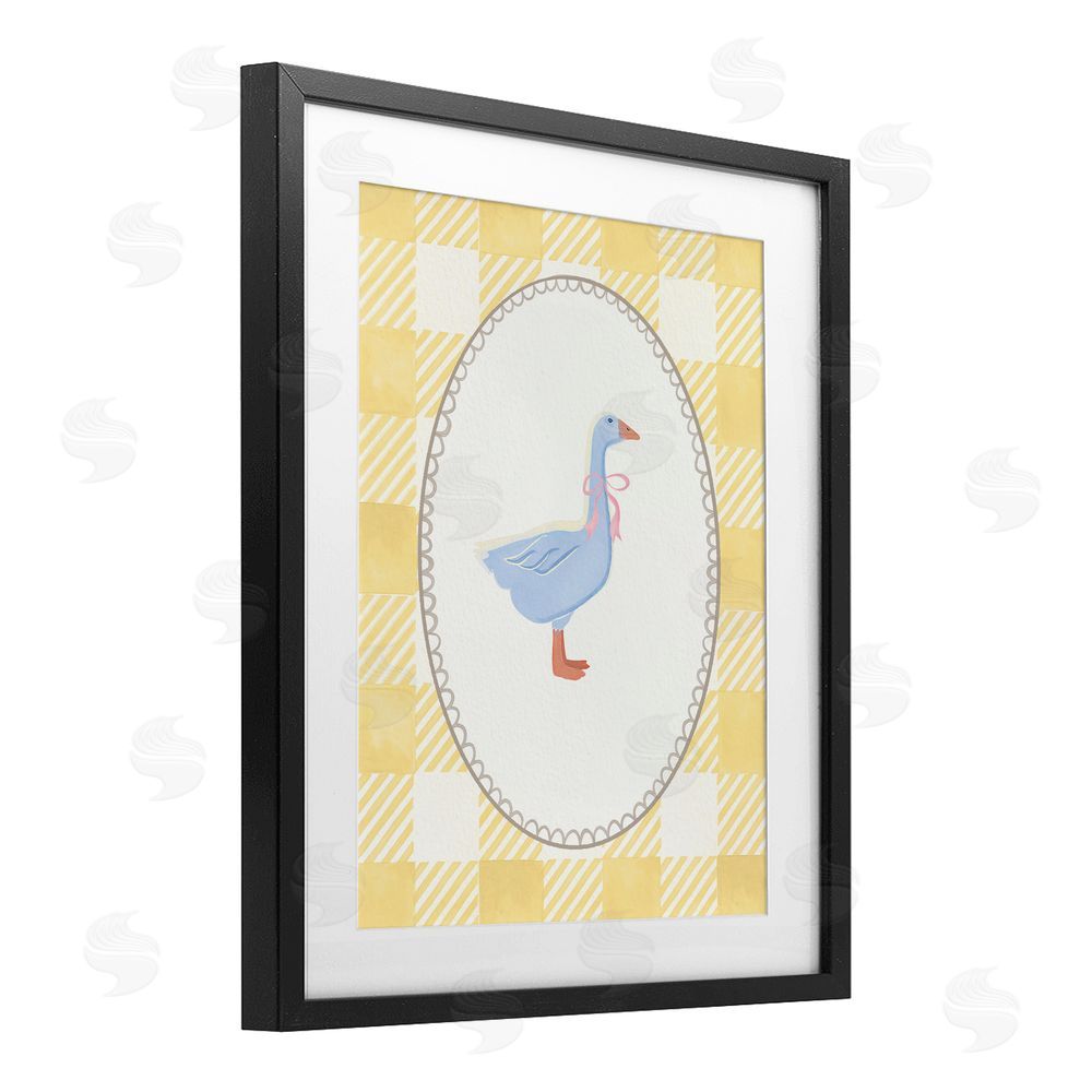 The Paper Curator Little Goose on Yellow Gingham Black Framed Print Under Glass with Mat Wall Art