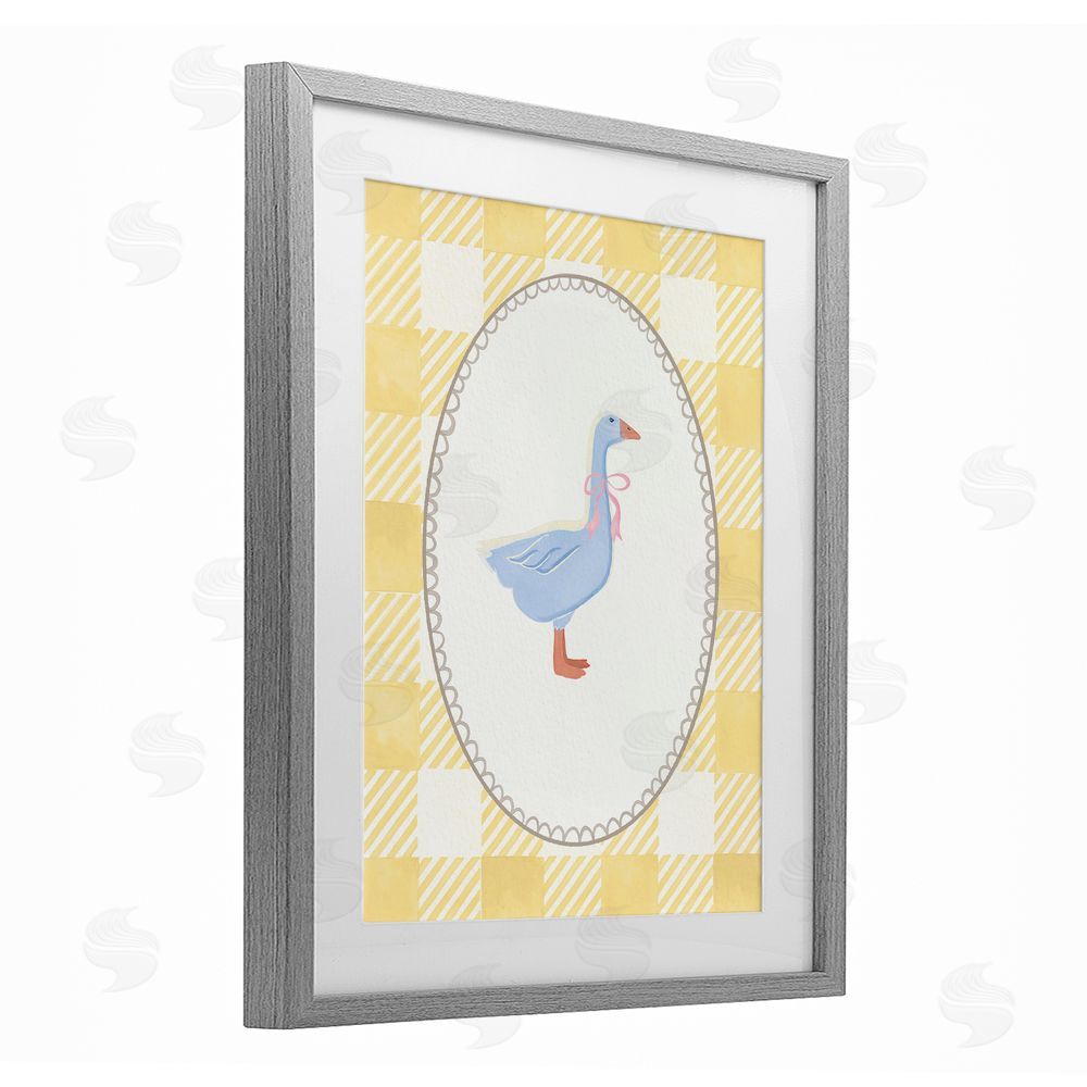 The Paper Curator Little Goose on Yellow Gingham Gray Framed Print Under Glass with Mat Wall Art