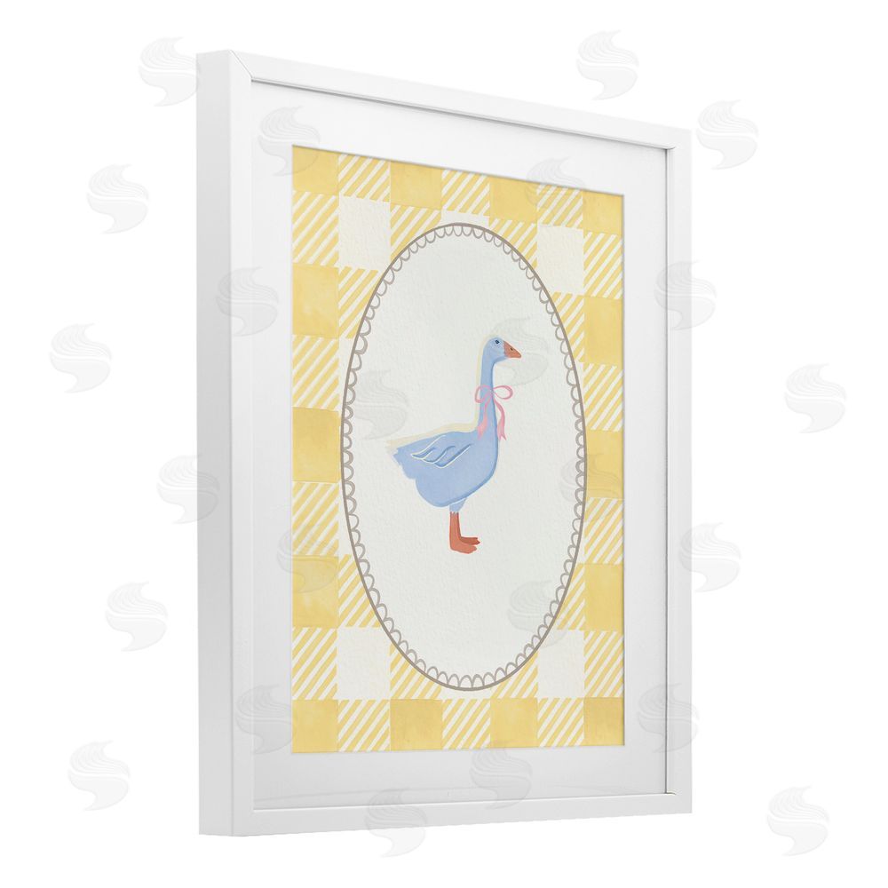 The Paper Curator Little Goose on Yellow Gingham White Framed Print Under Glass with Mat Wall Art