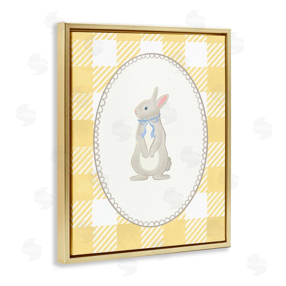 The Paper Curator Little Bunny on Yellow Gingham Gold Floating Frame Canvas Wall Art