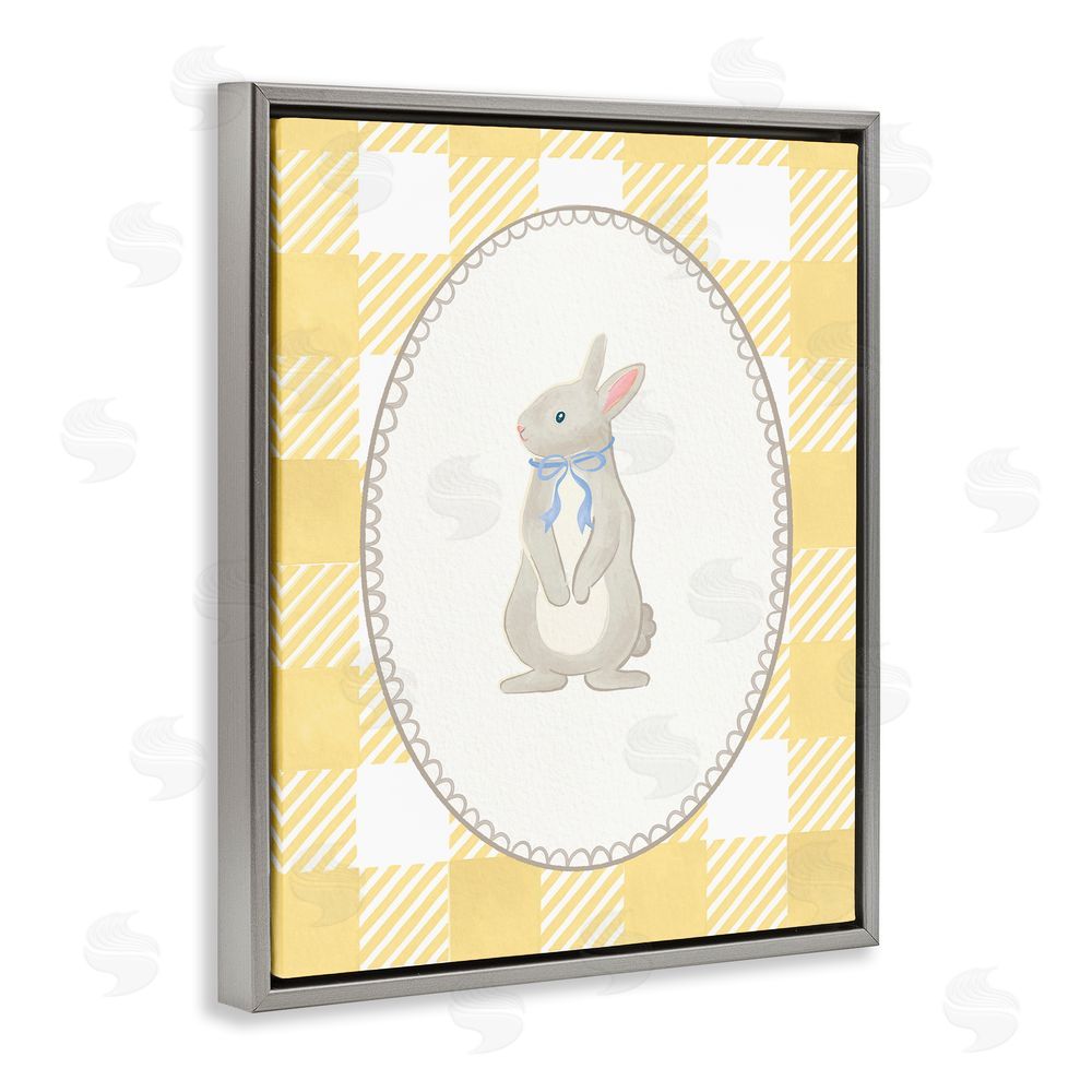 The Paper Curator Little Bunny on Yellow Gingham Gray Floating Frame Canvas Wall Art