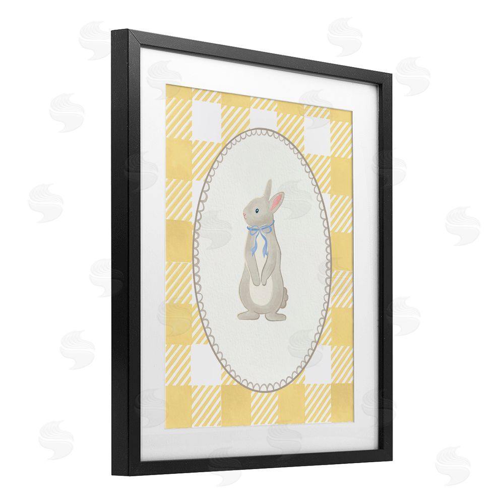 The Paper Curator Little Bunny on Yellow Gingham Black Framed Print Under Glass with Mat Wall Art