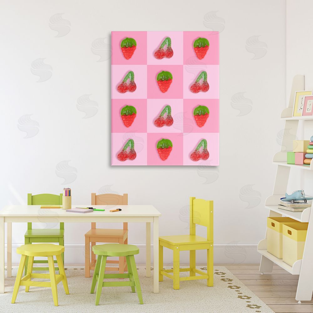 LISH Creative Gummy Strawberry and Cherry Checkerboard Stretched Canvas Wall Art in Room