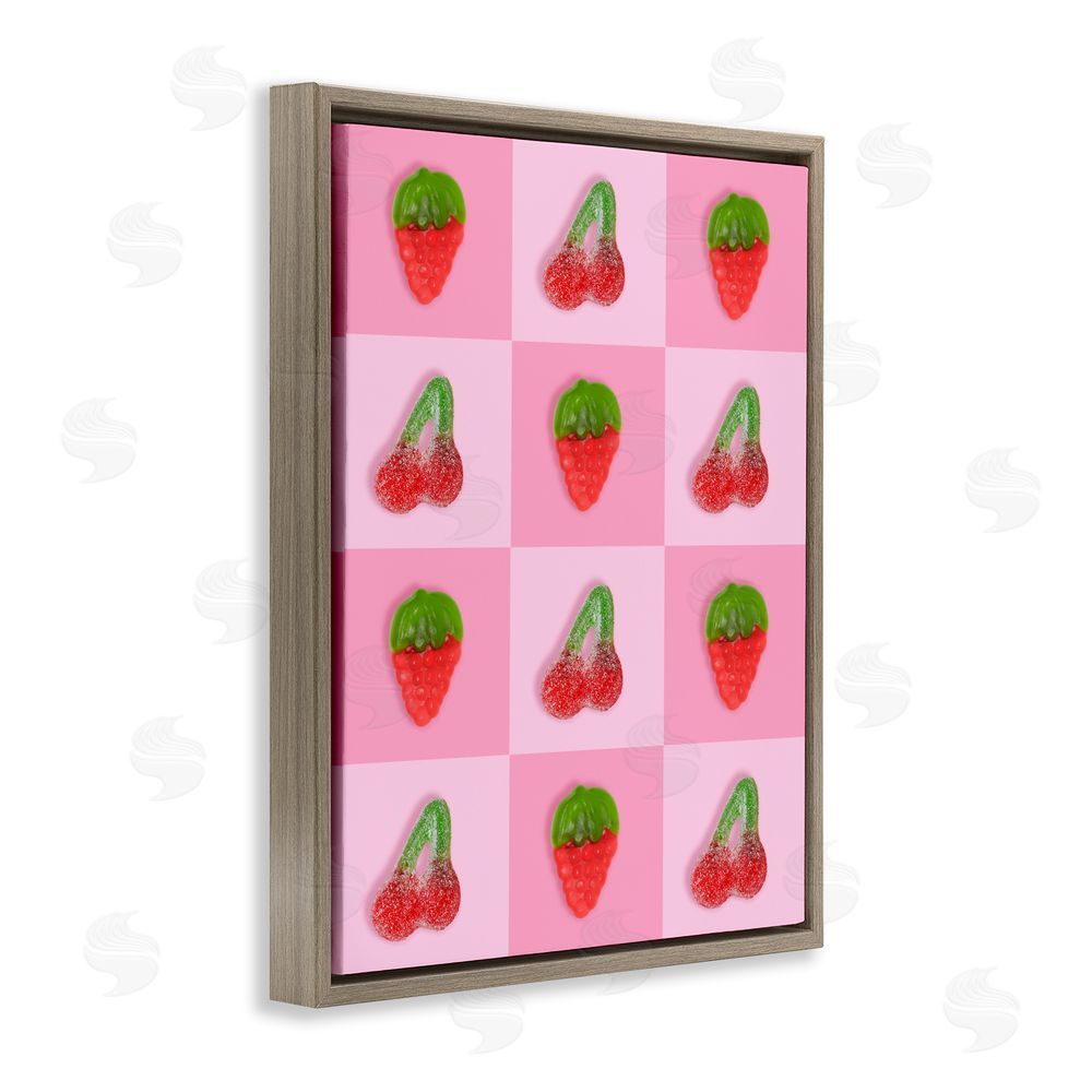 LISH Creative Gummy Strawberry and Cherry Checkerboard Brown Floating Framed Canvas Wall Art