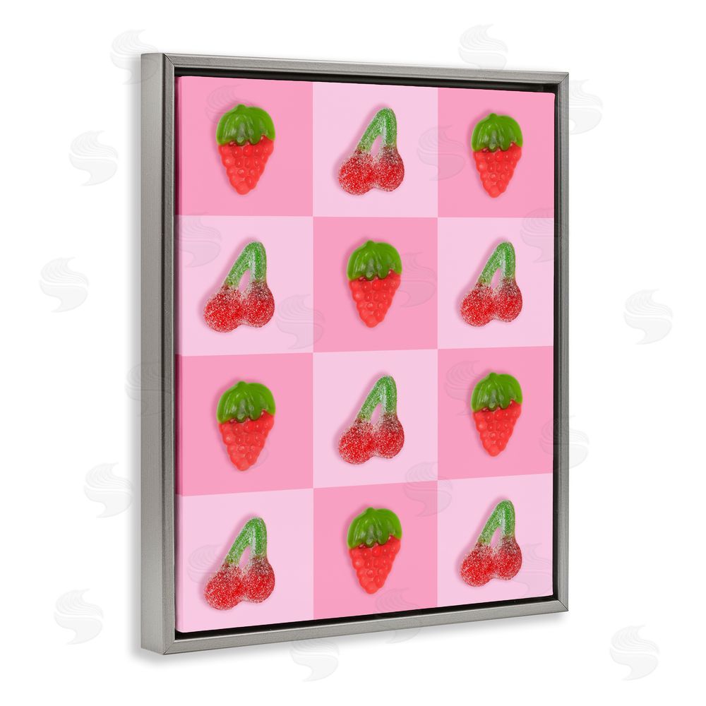 LISH Creative Gummy Strawberry and Cherry Checkerboard Gray Floating Framed Canvas Wall Art