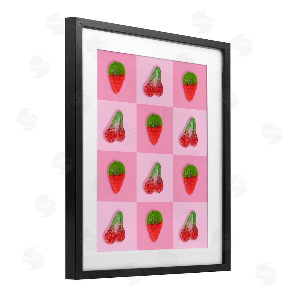 LISH Creative Gummy Strawberry and Cherry Checkerboard Black Framed Print Under Glass Wall Art
