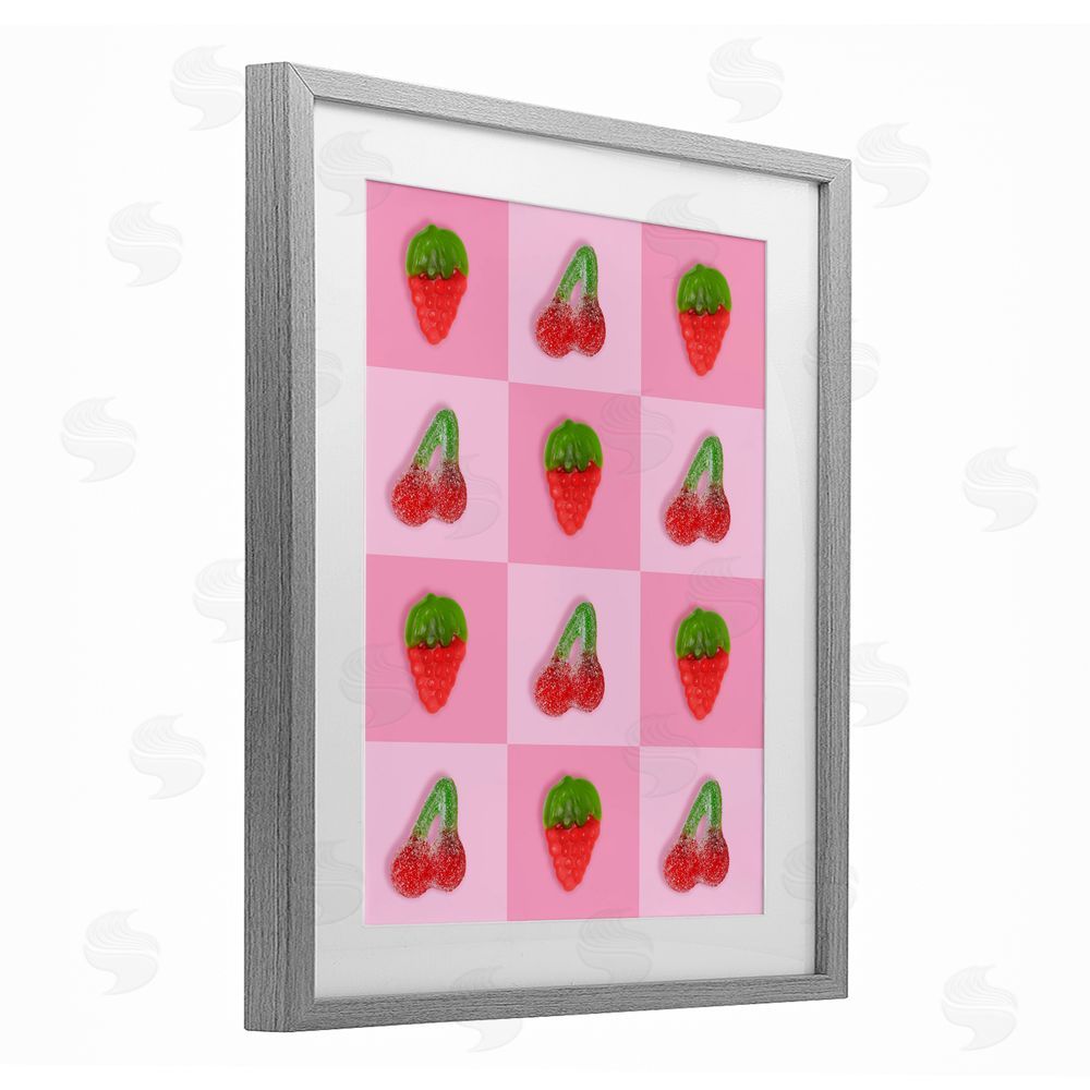 LISH Creative Gummy Strawberry and Cherry Checkerboard Gray Framed Print Under Glass Wall Art