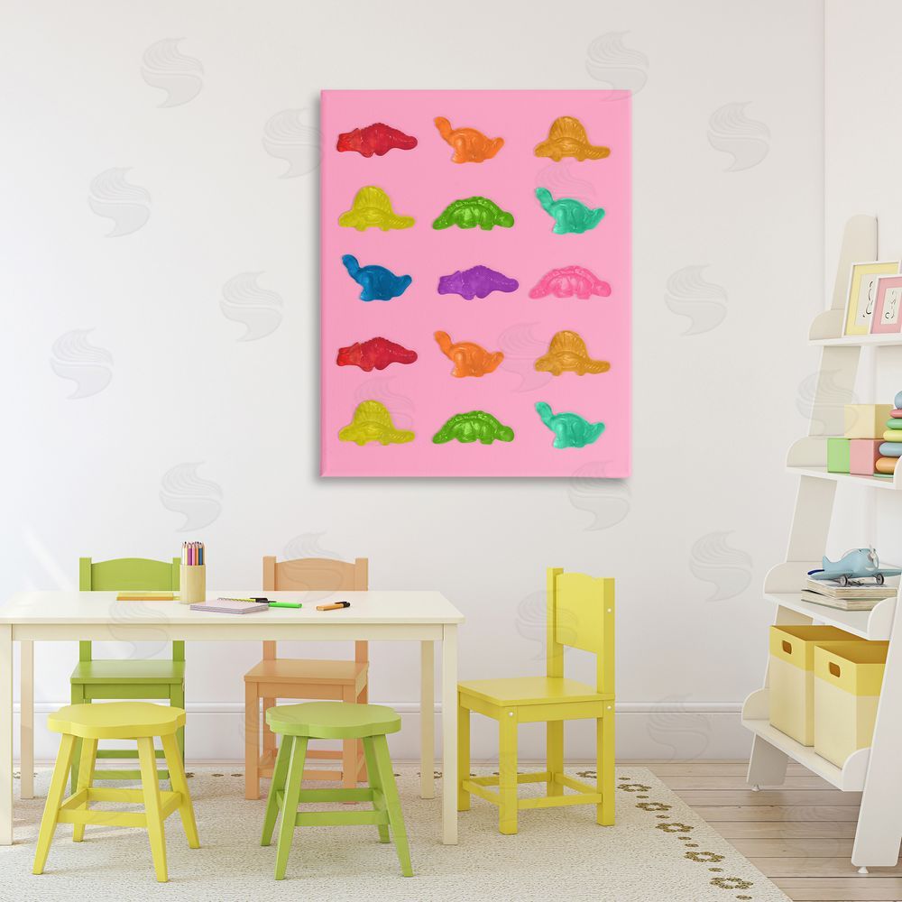LISH Creative Dinosaur Candies on Pink Stretched Canvas Wall Art in Room