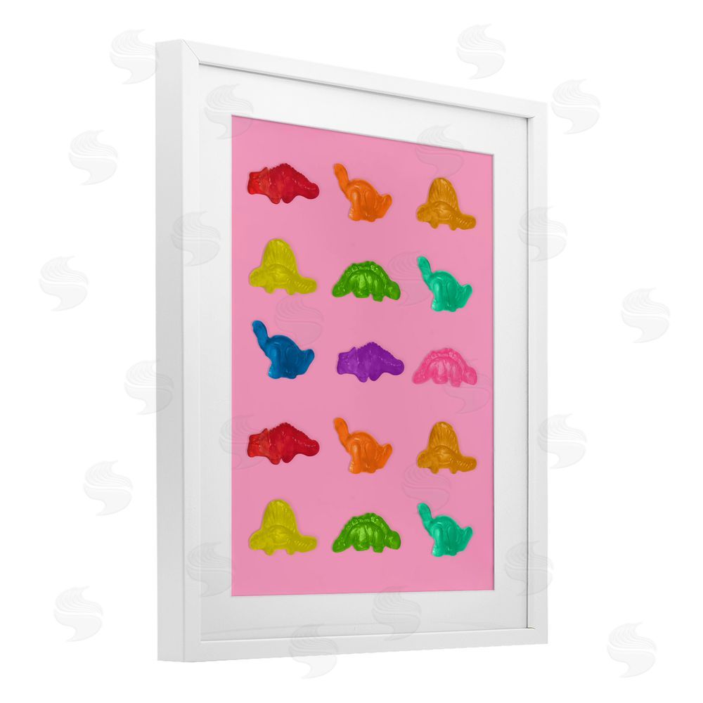 LISH Creative Dinosaur Candies on Pink White Framed Print Under Glass Wall Art