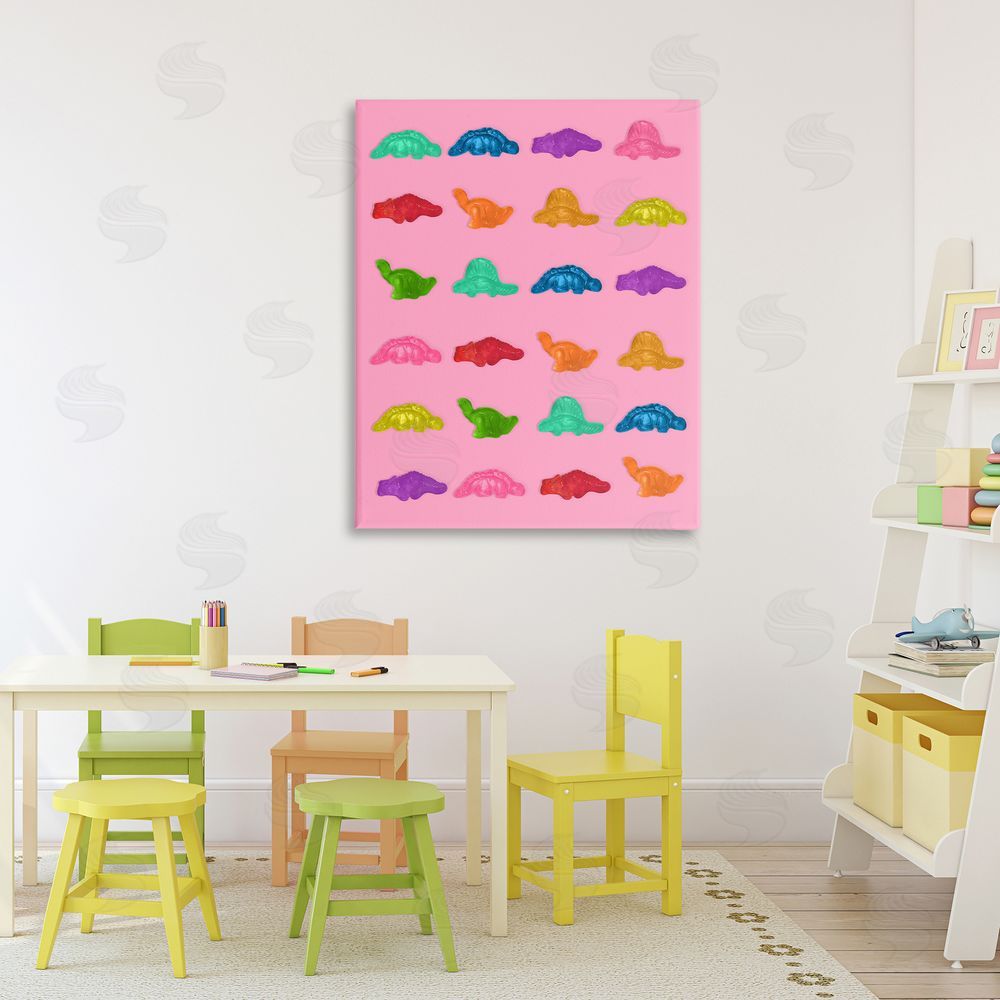 LISH Creative Dinosaur Gummies on Pink Stretched Canvas Wall Art in Room