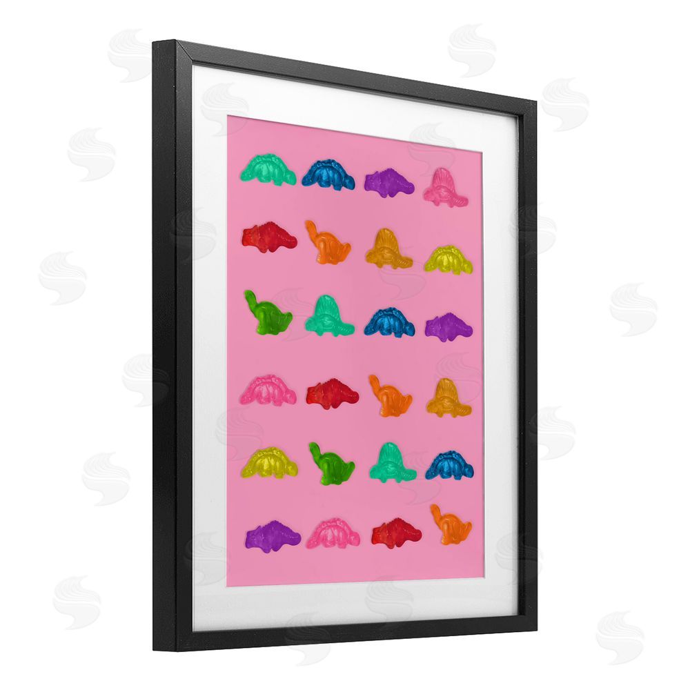 LISH Creative Dinosaur Gummies on Pink Black Framed Print Under Glass Wall Art
