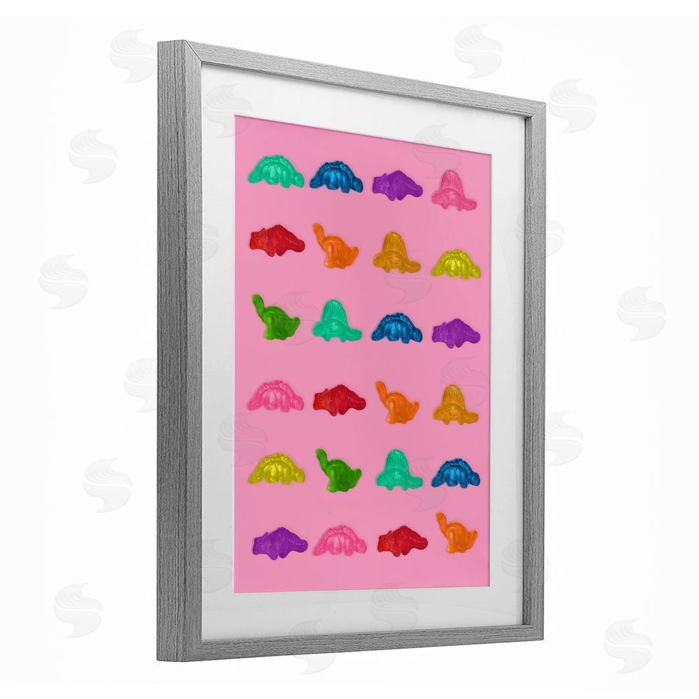LISH Creative Dinosaur Gummies on Pink Gray Framed Print Under Glass Wall Art