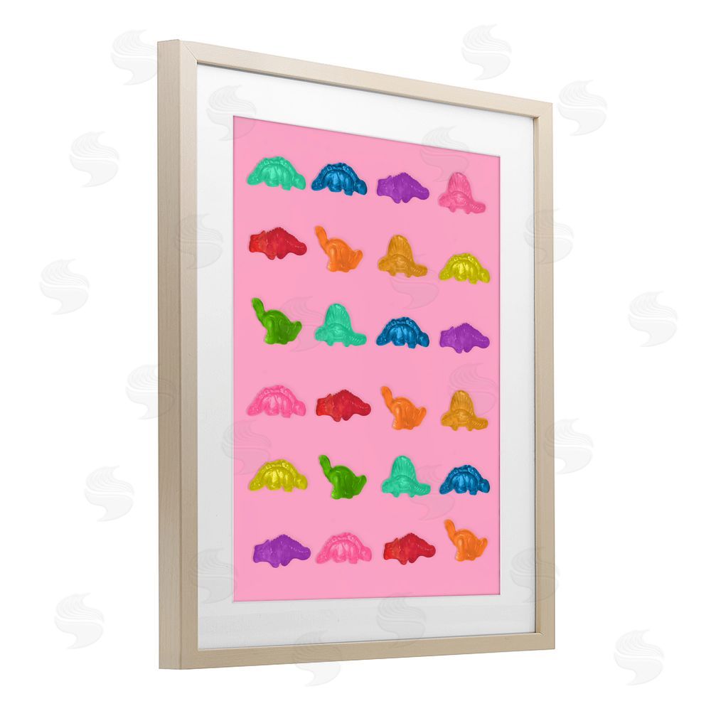 LISH Creative Dinosaur Gummies on Pink Brown Framed Print Under Glass Wall Art