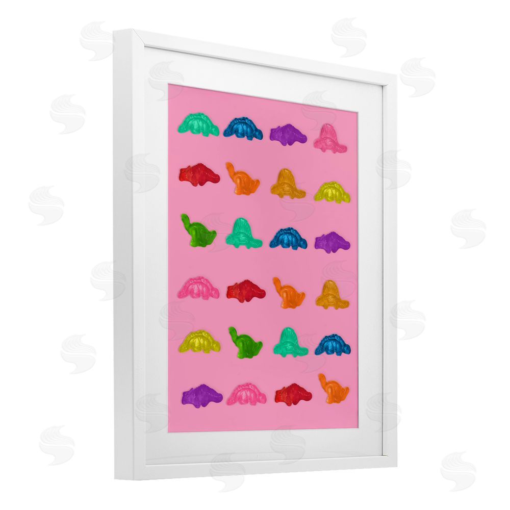 LISH Creative Dinosaur Gummies on Pink White Framed Print Under Glass Wall Art