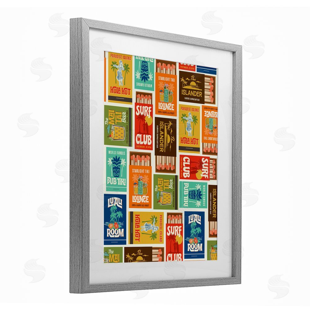 Emily Dumas Vintage Tropical Match Boxes Gray Framed Print Under Glass Wall Art
