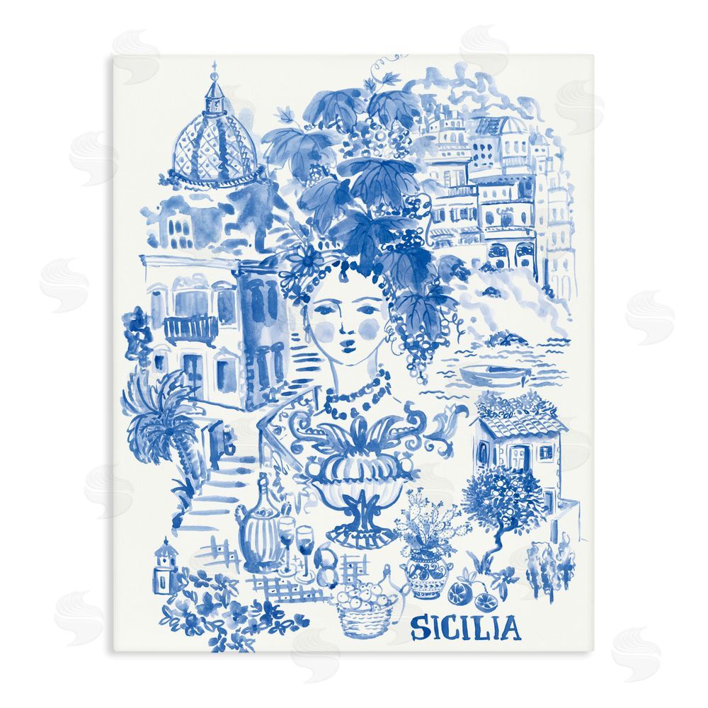 Karolina Sato Sicilia City In Blue Stretched Canvas Wall Art Print