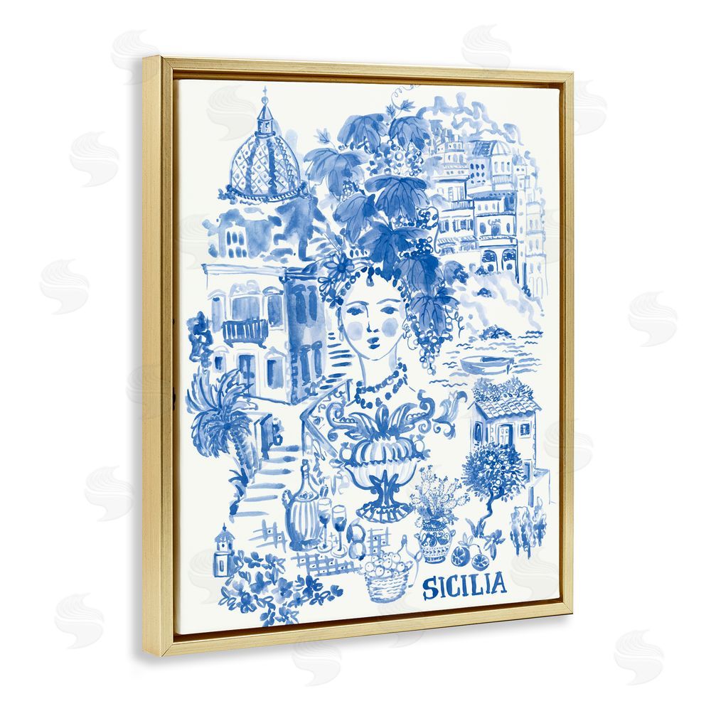 Karolina Sato Sicilia City In Blue Gold Floating Framed Canvas Wall Art Print