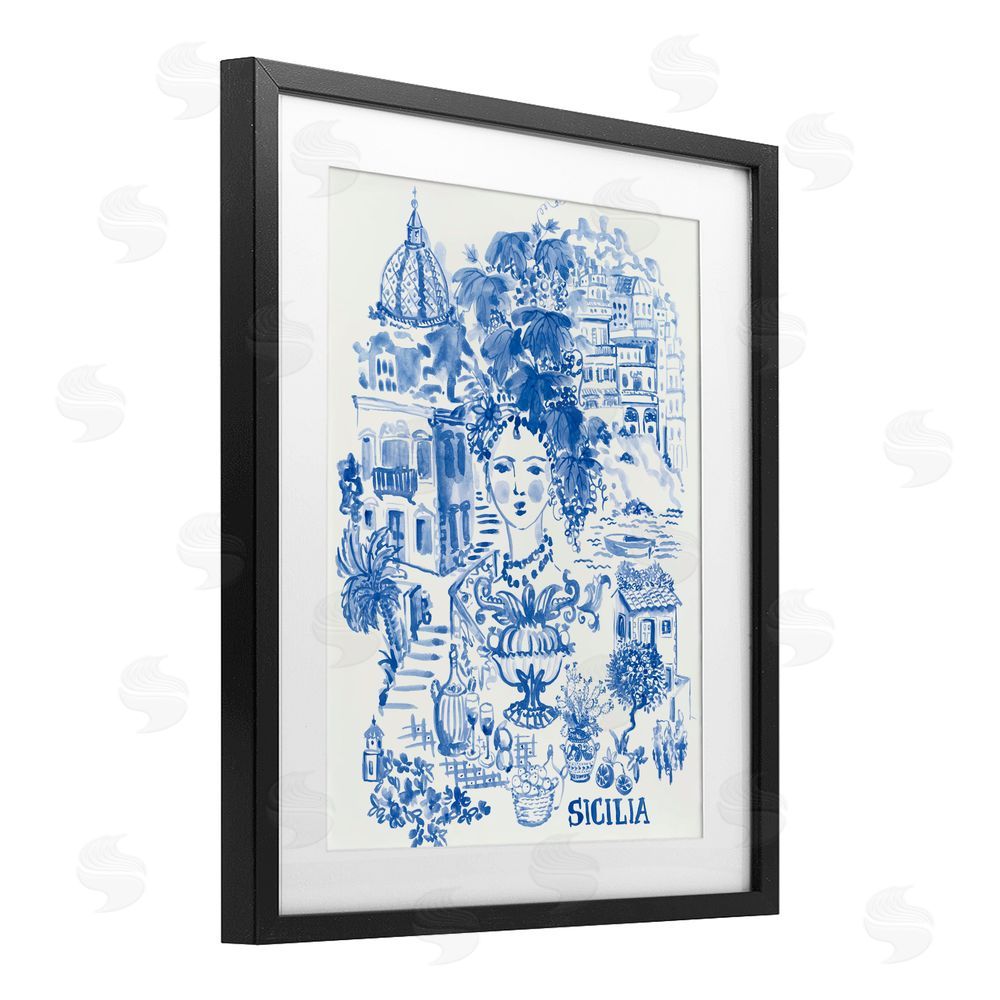 Karolina Sato Sicilia City In Blue Black Framed Print Under Glass with White Mat Wall Art