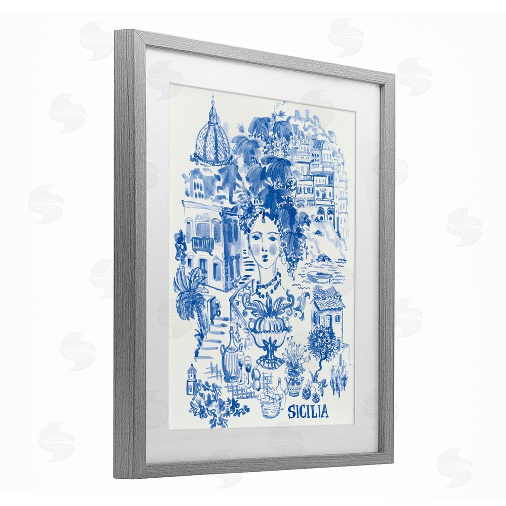 Karolina Sato Sicilia City In Blue Gray Framed Print Under Glass with White Mat Wall Art