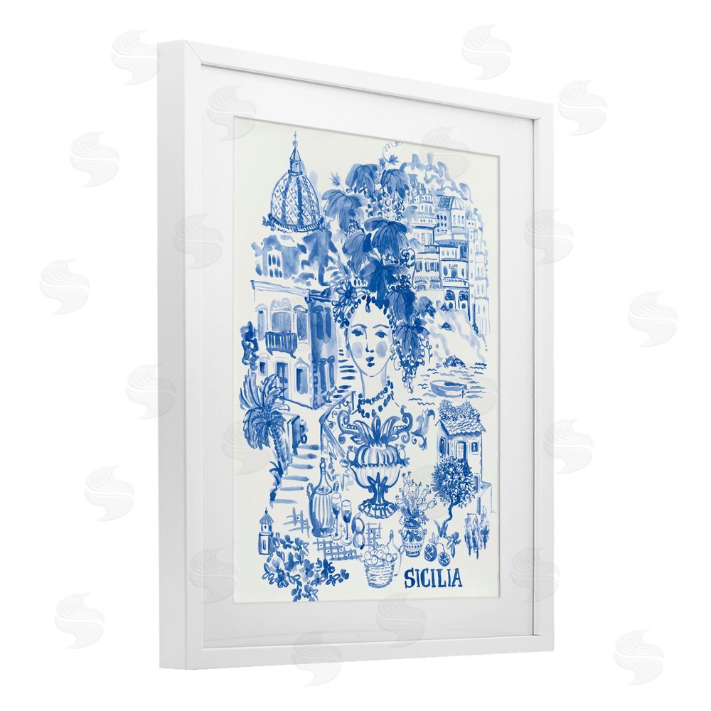 Karolina Sato Sicilia City In Blue White Framed Print Under Glass with White Mat Wall Art