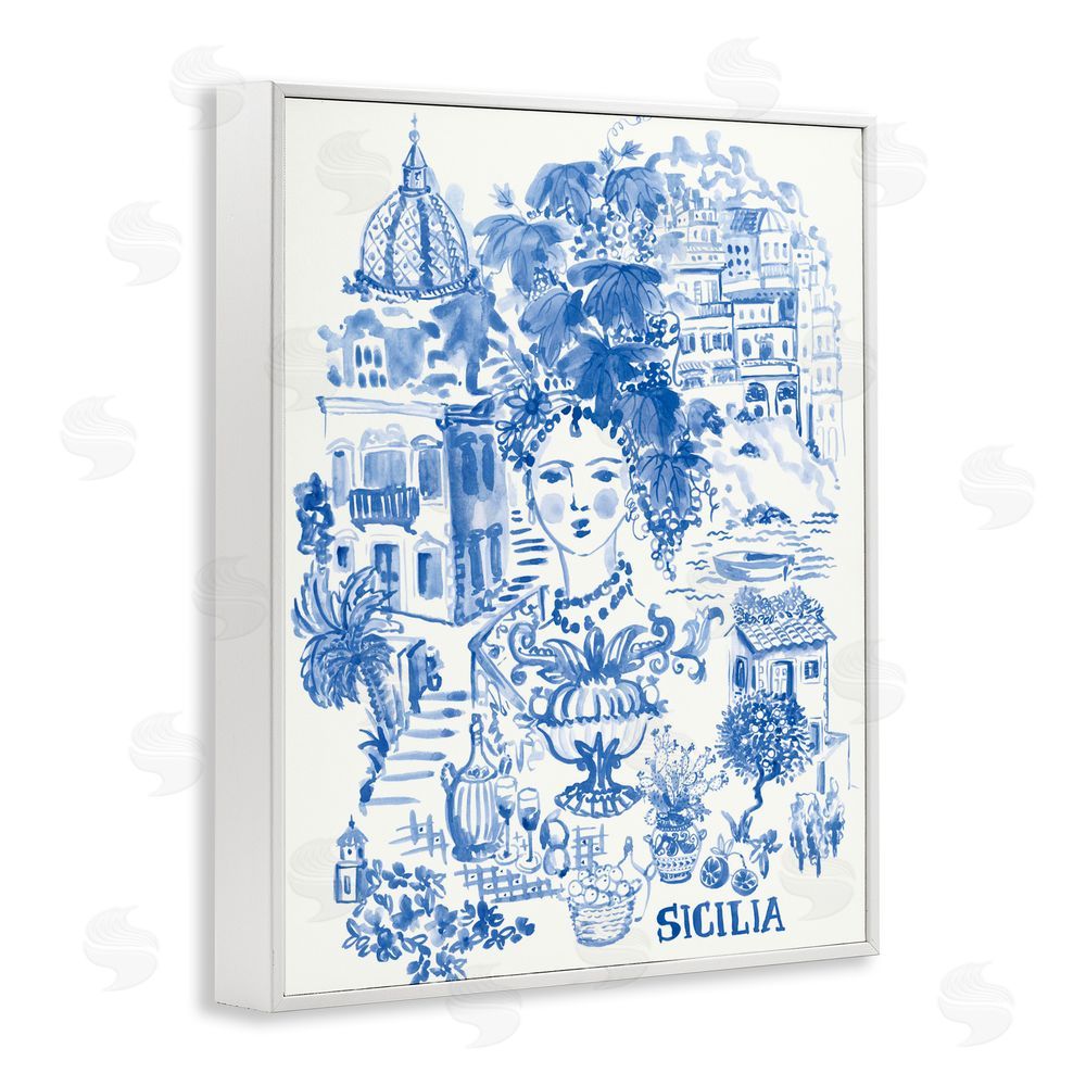 Karolina Sato Sicilia City In Blue White Framed Giclee Wall Art Print