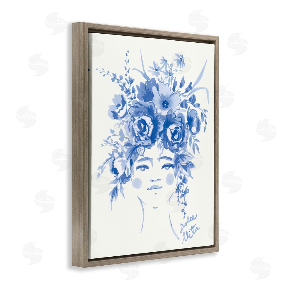 Karolina Sato Dolce Vita Woman with Roses Brown Floating Frame Canvas Wall Art Print