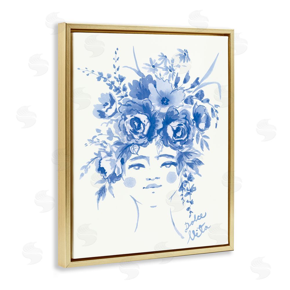 Karolina Sato Dolce Vita Woman with Roses Gold Floating Frame Canvas Wall Art Print