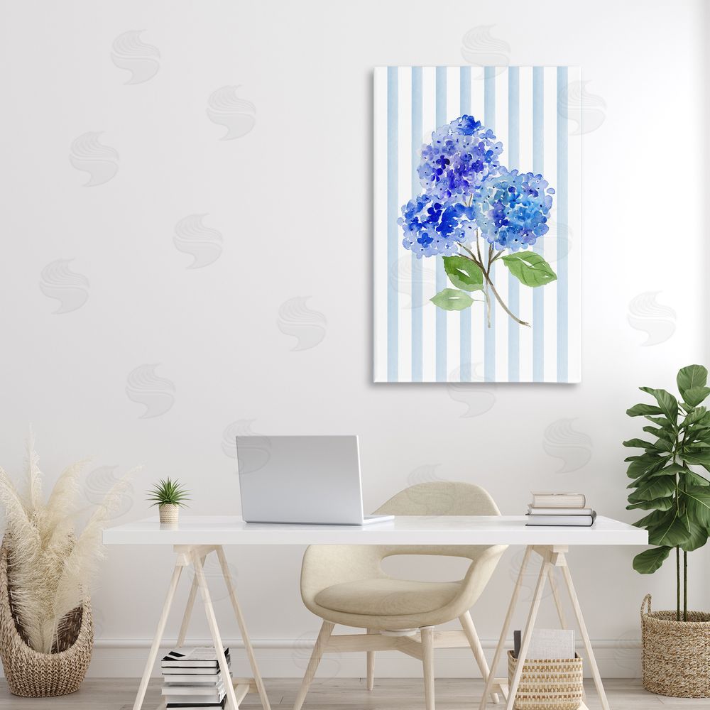 Corinne Haig Blue Hydrangeas over Stripes Stretched Canvas Wall Art Print in Room