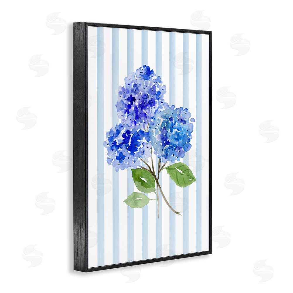 Corinne Haig Blue Hydrangeas over Stripes Black Framed Giclee Wall Art Print