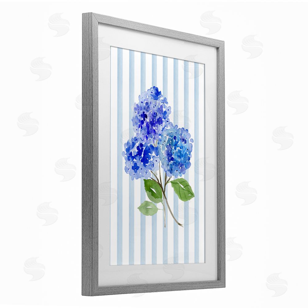 Corinne Haig Blue Hydrangeas over Stripes Gray Framed Print Under Glass with Matting Wall Art