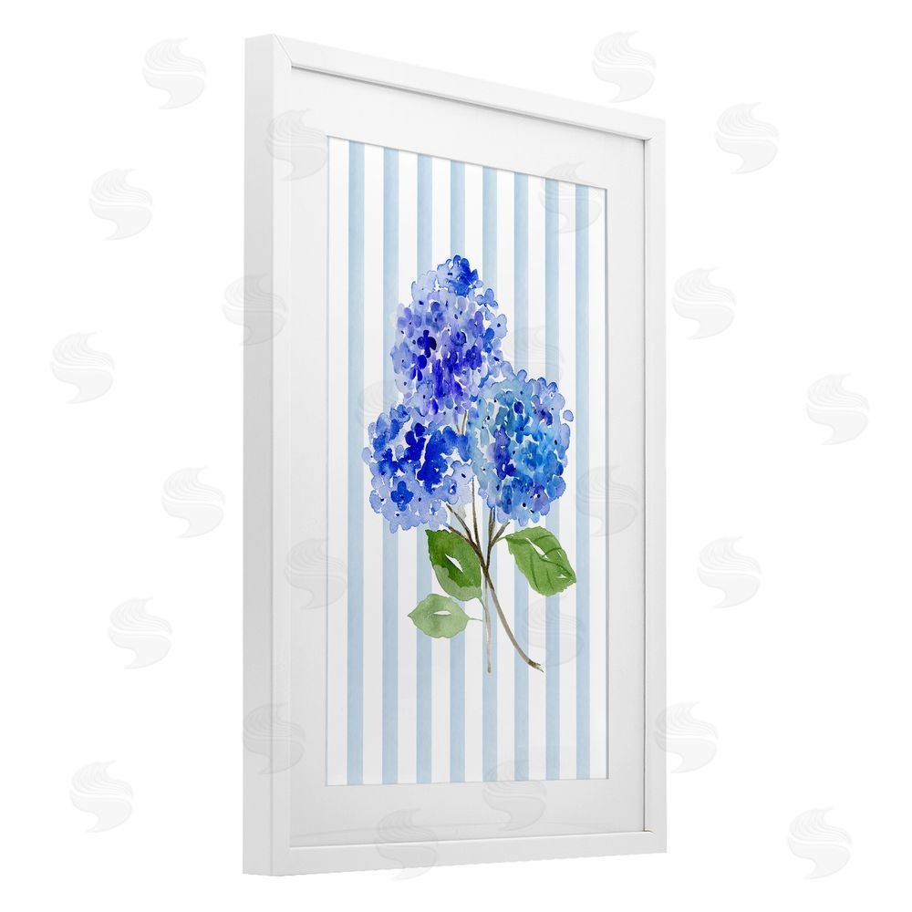 Corinne Haig Blue Hydrangeas over Stripes White Framed Print Under Glass with Matting Wall Art