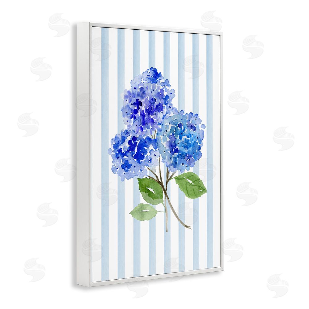 Corinne Haig Blue Hydrangeas over Stripes White Framed Giclee Wall Art Print