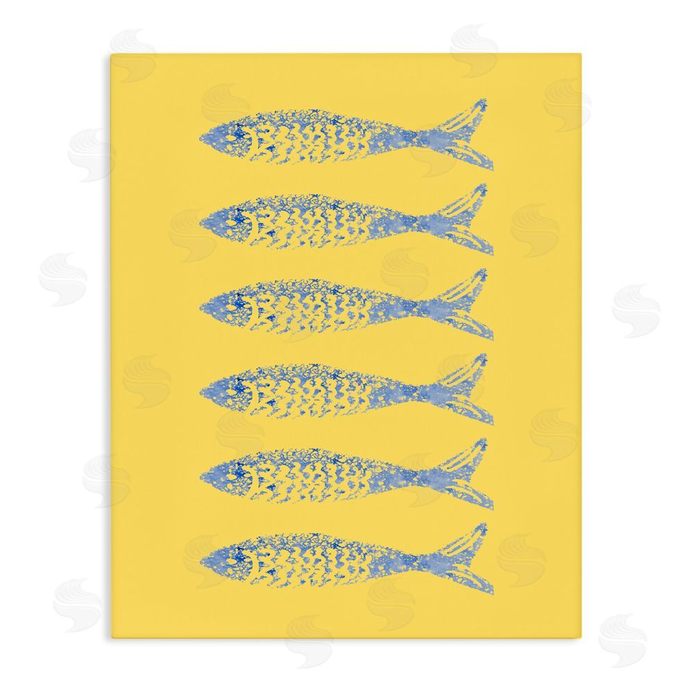 Julie DeRice Sardine Stamps on Yellow Stretched Canvas Wall Art Print