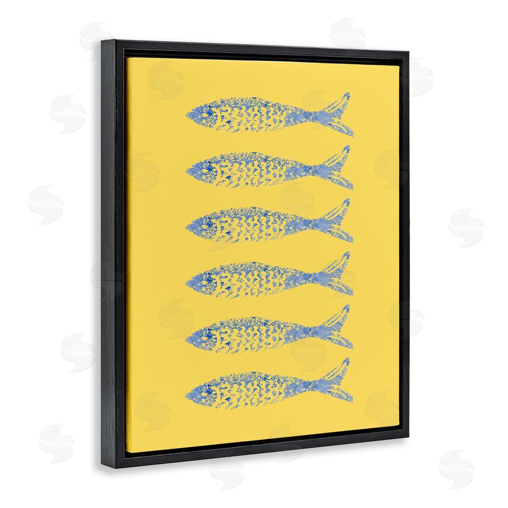 Julie DeRice Sardine Stamps on Yellow Black Floating Framed Canvas Wall Art Print