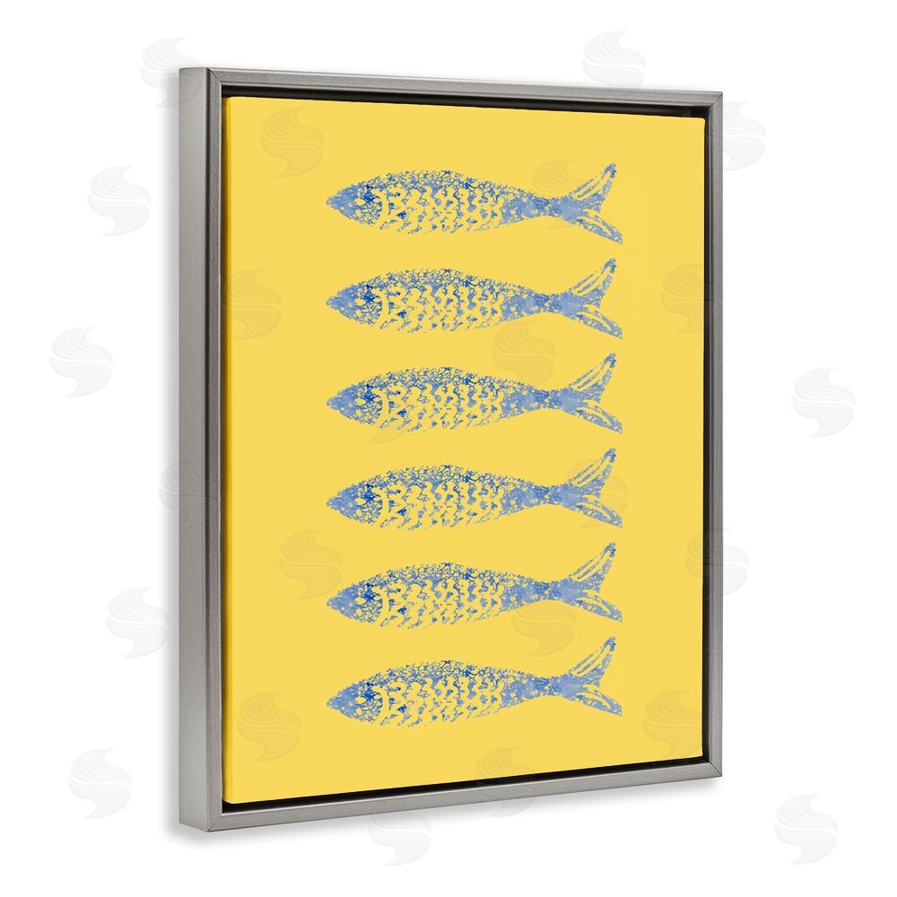 Julie DeRice Sardine Stamps on Yellow Gray Floating Framed Canvas Wall Art Print