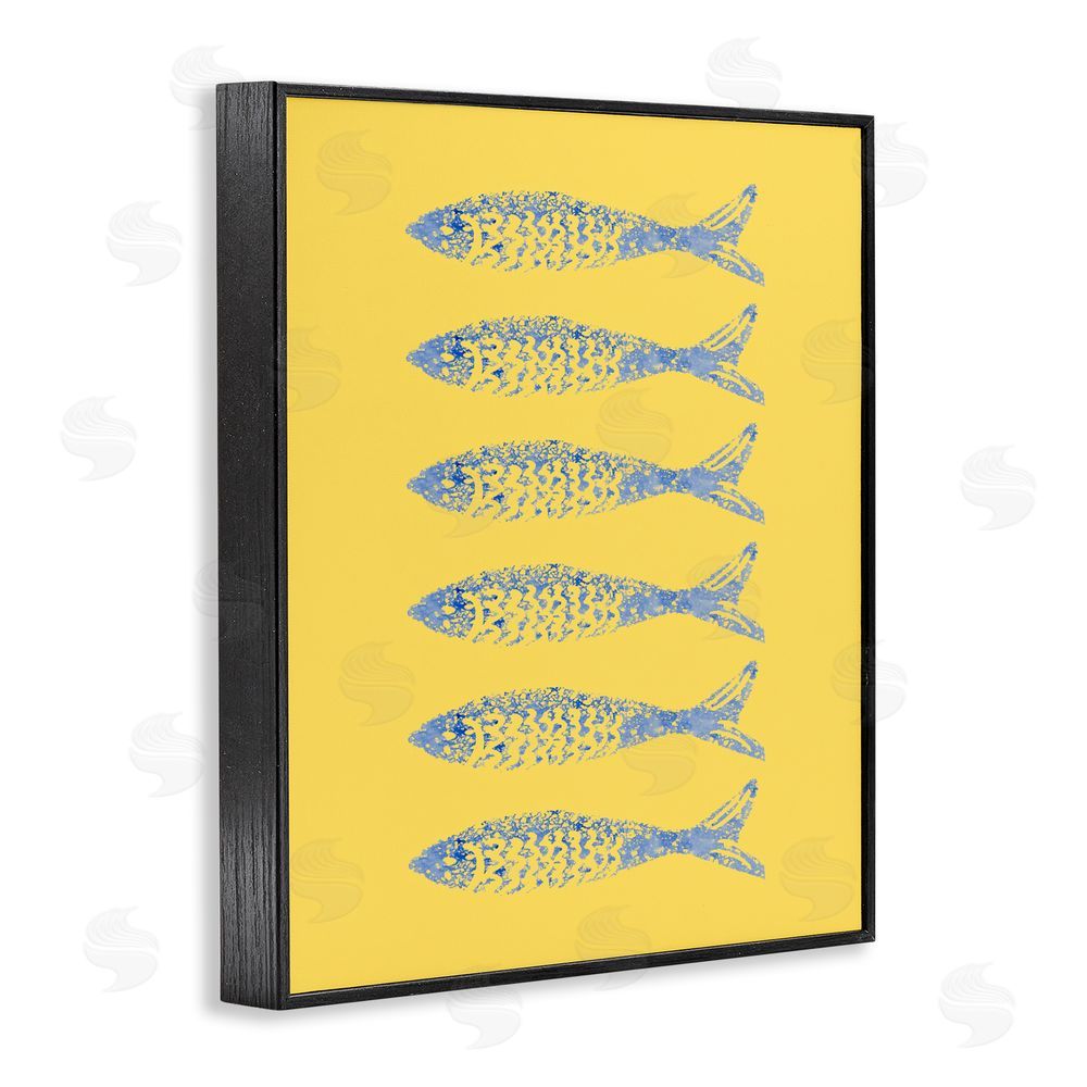 Julie DeRice Sardine Stamps on Yellow Black Framed Giclee Wall Art Print