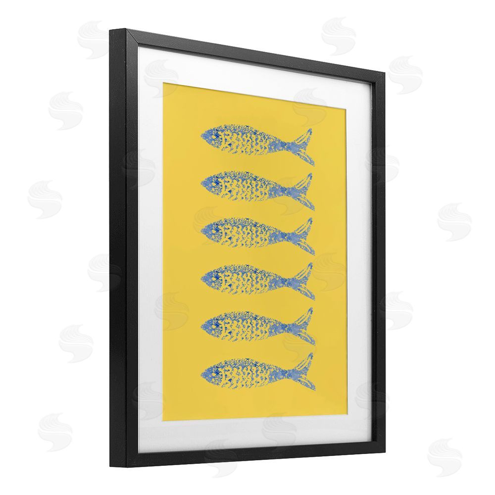 Julie DeRice Sardine Stamps on Yellow Black Framed Print Under Glass with White Mat Wall Art