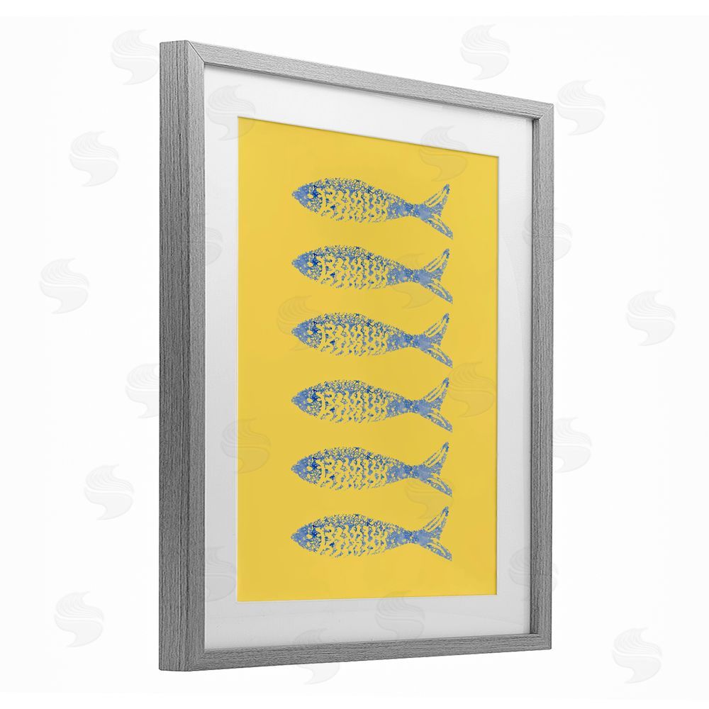 Julie DeRice Sardine Stamps on Yellow Gray Framed Print Under Glass with White Mat Wall Art