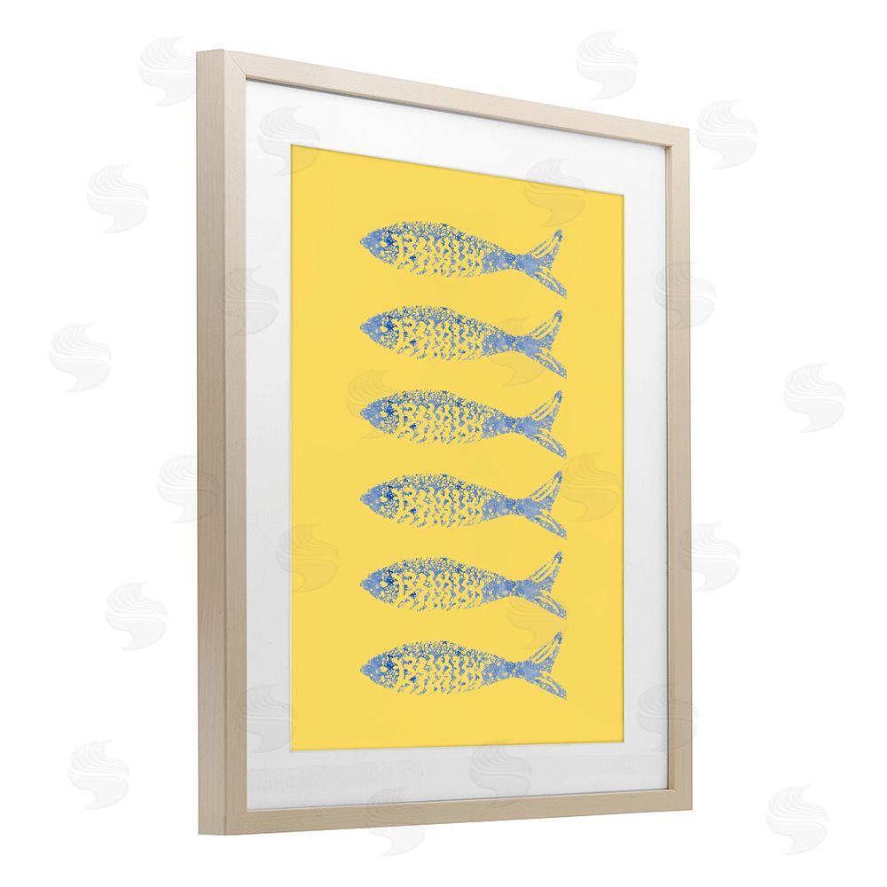 Julie DeRice Sardine Stamps on Yellow Brown Framed Print Under Glass with White Mat Wall Art