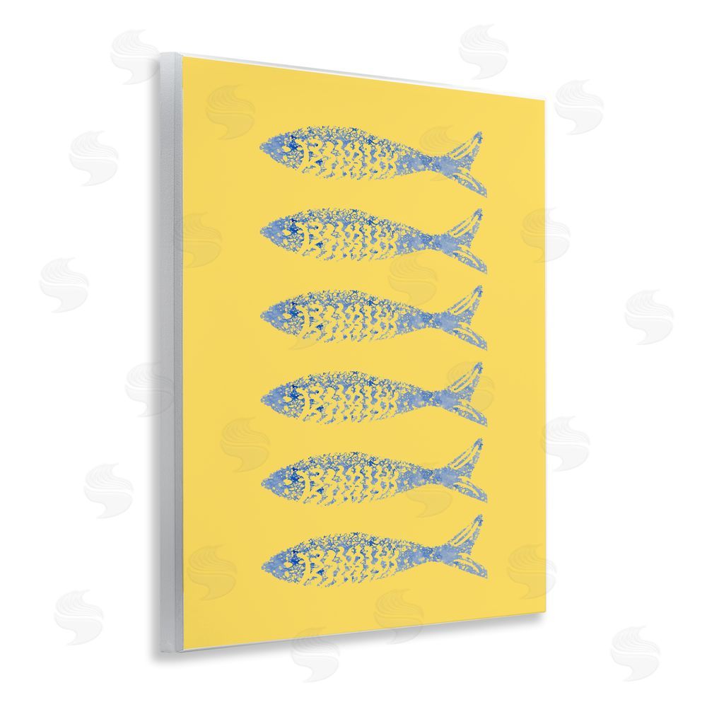 Julie DeRice Sardine Stamps on Yellow Wall Plaque Printed Art
