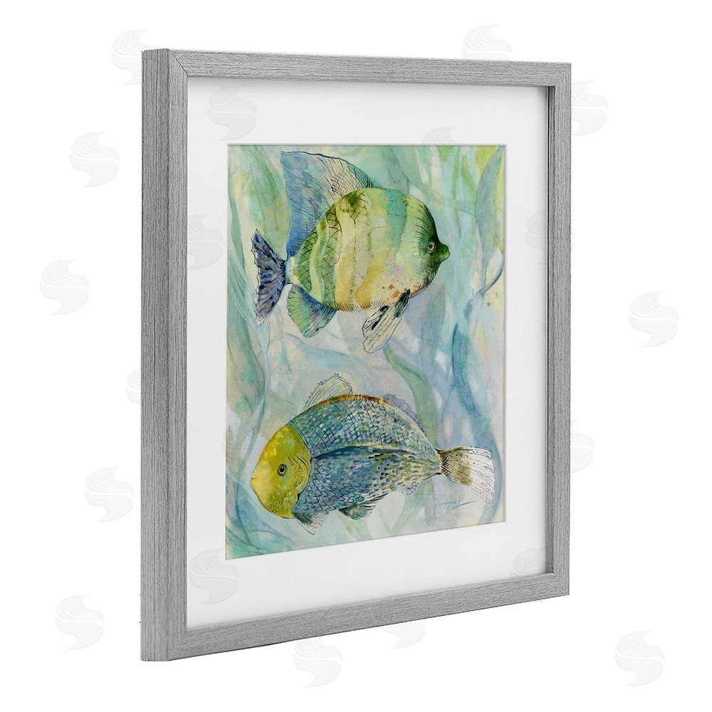 Lorenzo Collective Sweet Fish Duo Blue Green Gray Framed Print Under Glass with White Mat Wall Art