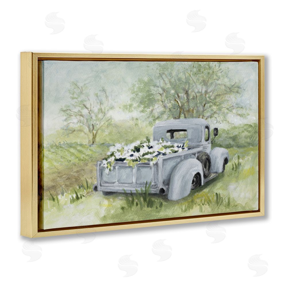Lanie Loreth Vintage Blue Truck Flower Sale Gold Floating Framed Canvas Wall Art Print