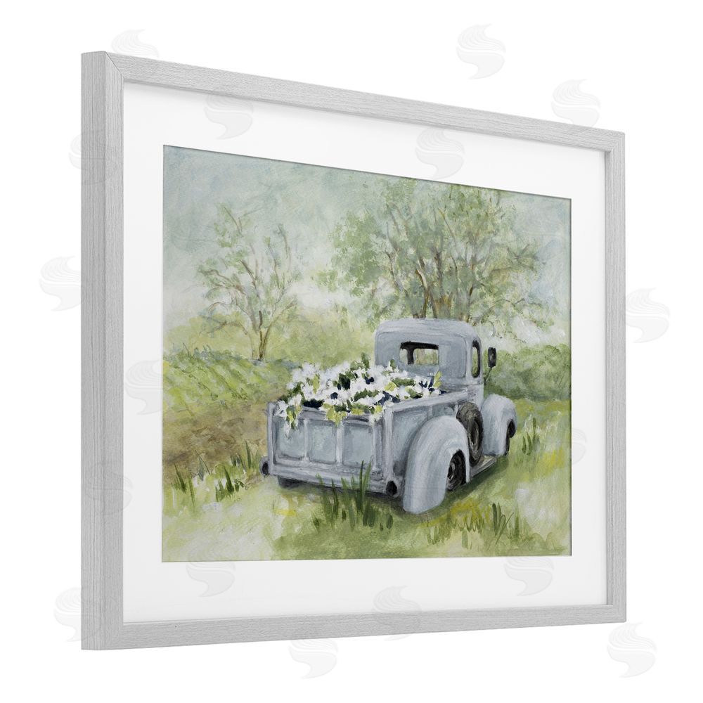 Lanie Loreth Vintage Blue Truck Flower Sale Gray Framed Print Under Glass with White Mat Wall Art