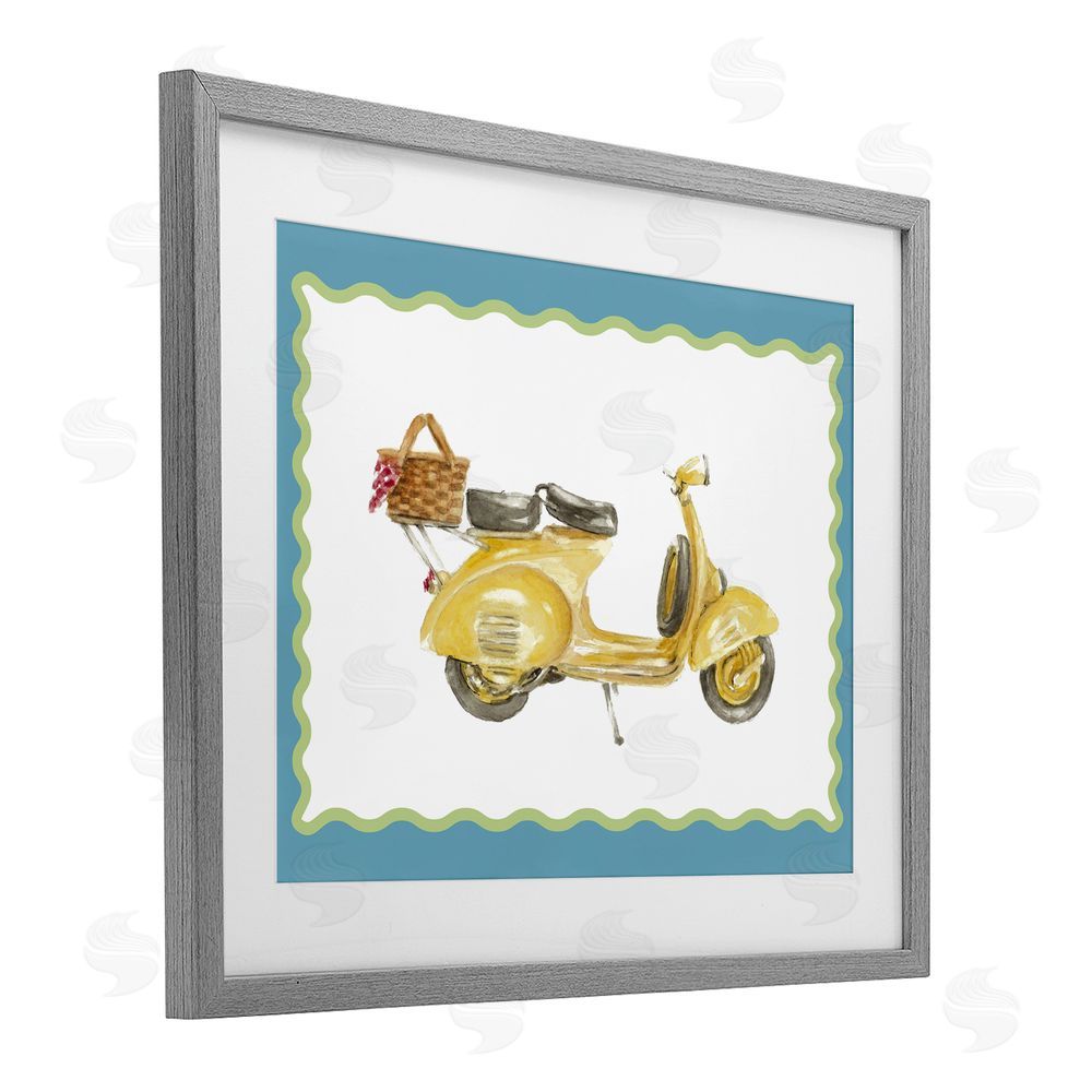 Lanie Loreth Yellow Vespa with Wavy Border Gray Framed Print Under Glass with White Mat Wall Art