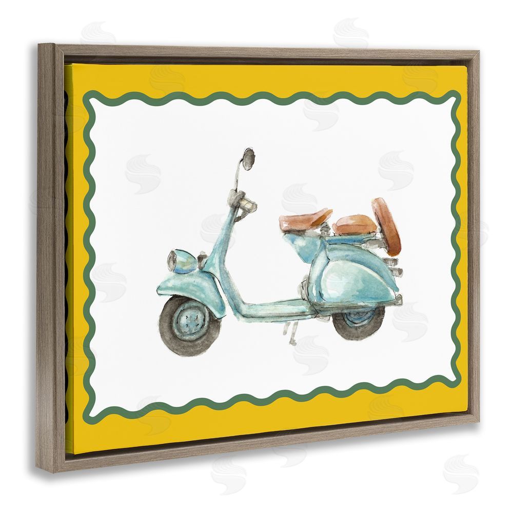 Lanie Loreth Blue Vespa with Yellow Border Brown Floating Frame Stretched Canvas Wall Art Print