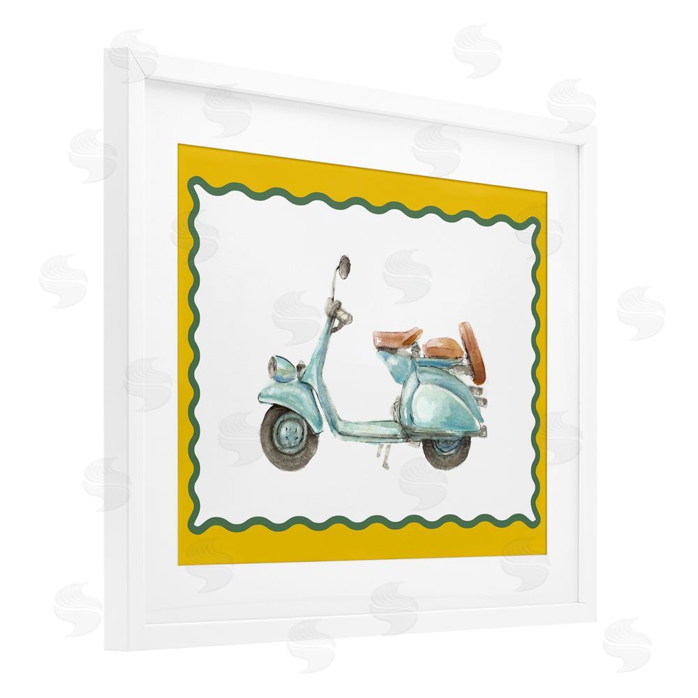 Lanie Loreth Blue Vespa with Yellow Border White Framed Print Under Glass with Matting Wall Art