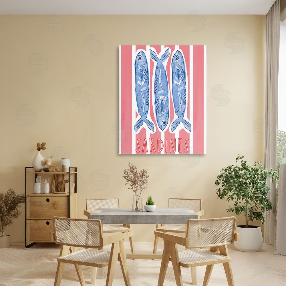 Nola James Americana Sardines on Pink Stripes Stretched Canvas Wall Art Print in Room